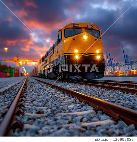 A striking yellow train speeds down the tracks towards a bustling port during a colorful sunset. 126995855