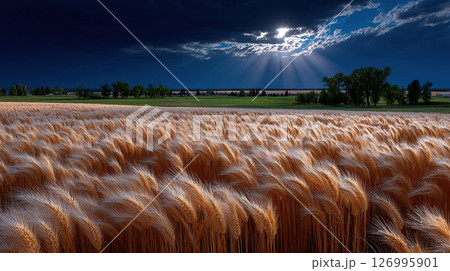 Golden wheat field under a dramatic sky with...のイラスト素材 [126995901] - PIXTA