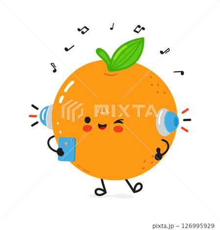 This happy Orange character enjoys music with its headphones, smartphone and dancing legs. This happy Orange character enjoys music with its headphones, smartphone and dancing legs. 126995929