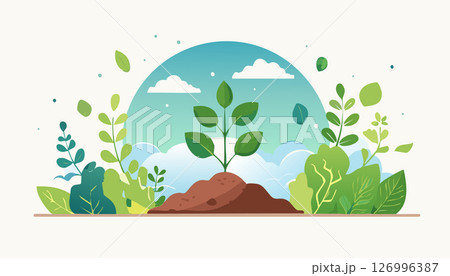 Flat design showing a young plant in fertile soil, surrounded by stylized leaves and bushes, soft blue sky with clouds, white space above. Flat design showing a young plant in fertile soil, surrounded by stylized leaves and bushes, soft blue sky with clouds, white space above. 126996387