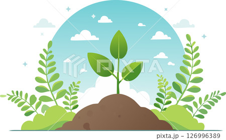 Young plant sprouting from soil under clear sky, surrounded by abstract leaves and soft clouds, minimal flat style with white background and copy space. 126996389