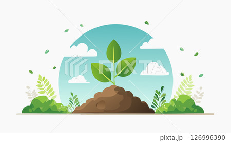 Abstract plant with green leaves growing from brown soil, artistic flat illustration with cloud sky and greenery on white background. 126996390