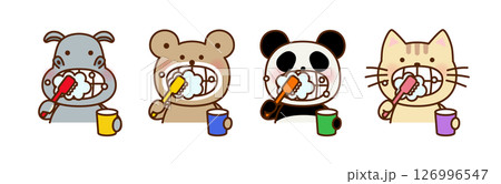 泡立てて歯みがきをする動物たちのかわいいイラストセット 泡立てて歯みがきをする動物たちのかわいいイラストセット 126996547