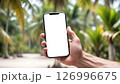 hand holding smartphone with blank white screen against palm trees on tropical island on vacation 126996675
