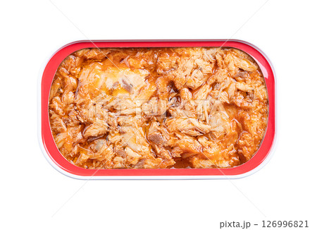 Canned mackerel in tomato sauce, in an opened tin can, from above. Cooked mackerel pieces with tomato sauce, sterile sealed in a rectangular tin can. Rich source of protein and omega-3 fatty acids. Canned mackerel in tomato sauce, in an opened tin can, from above. Cooked mackerel pieces with tomato sauce, sterile sealed in a rectangular tin can. Rich source of protein and omega-3 fatty acids. 126996821