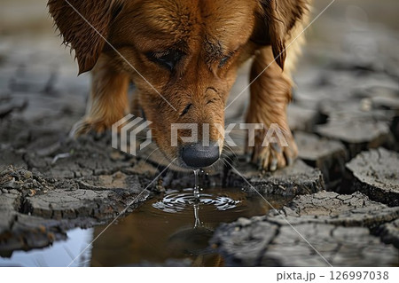 A homeless dog drinks water from a puddle to quench its thirst and escape the summer heat. Drought, global warming, the animal escapes the heat in search of water 126997038