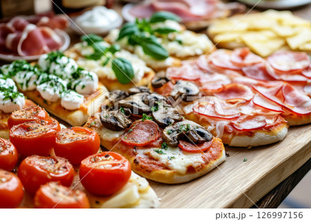 A breakfast board showcases mini pizzas topped with cheese and sauce, alongside sliced ham, mushrooms, and fresh basil. Perfect for a casual morning gathering with friends 126997156