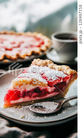 A slice of berry pie with a glossy filling rests on a plate with a fork next to it. A glass of chilled beverage is softly blurred in the background 126997158