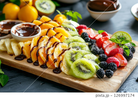 Colorful breakfast board displays an array of sliced fruits including strawberries, blackberries, and pineapple, drizzled with chocolate for a sweet and healthy start to the day 126997174
