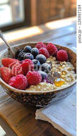 A delicious bowl of oatmeal topped with strawberries, blueberries, blackberries, and raspberries sits on a wooden table, surrounded by a warm and inviting cafe atmosphere 126997184