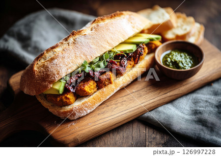 A mouthwatering breakfast spread showcases an epic mega sandwich packed with savory fillings, including fresh greens and flavorful sauces, complemented by crispy sides 126997228