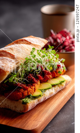 This mouthwatering breakfast sandwich features crispy bread filled with vegetables and savory toppings, served at a welcoming cafe during morning hours 126997247