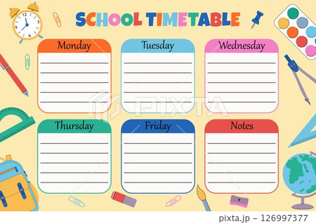 School timetable from Monday to Friday.Colorful design with different types of school supplies. 126997377