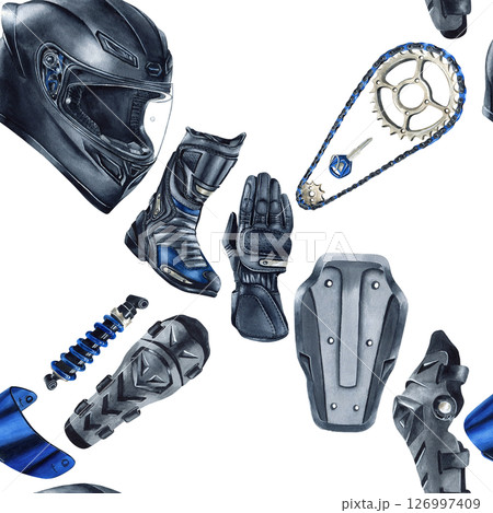 Moto gear, equipment, accessories seamless pattern. Motorcyclist helmet, protective glove and boot, kneepad. Chain, shock absorber, blue visor. Watercolor illustration isolated from background Moto gear, equipment, accessories seamless pattern. Motorcyclist helmet, protective glove and boot, kneepad. Chain, shock absorber, blue visor. Watercolor illustration isolated from background 126997409