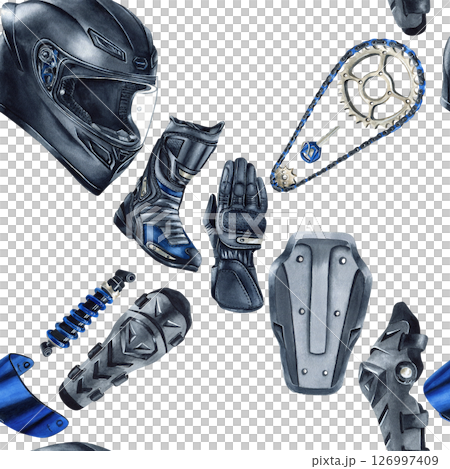 Moto gear, equipment, accessories seamless pattern. Motorcyclist helmet, protective glove and boot, kneepad. Chain, shock absorber, blue visor. Watercolor illustration isolated from background Moto gear, equipment, accessories seamless pattern. Motorcyclist helmet, protective glove and boot, kneepad. Chain, shock absorber, blue visor. Watercolor illustration isolated from background 126997409