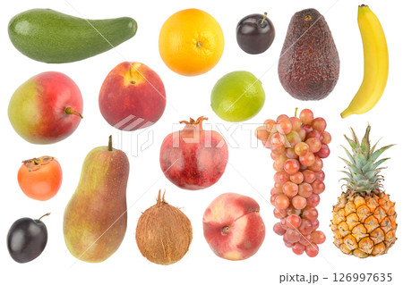 Collection of bright juicy healthy fruits isolated on white 126997635