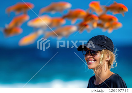 Smiling woman in baseball cap against blue sea with hovering golden koi carps, blurred background filled with flying golden carps, travel concept and the joy of surreal composition with copy space 126997755