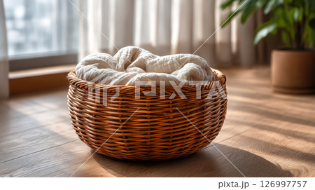Warm light of the morning sun on a wicker basket on the floor with natural fabric, concept of minimalism in interior details, functional design with the appeal of natural elements 126997757