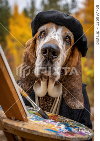 Vertical portrait painting outdoors in autumn forest, basset hound in beret and tweet suit absorbed in creative moment outdoors, creativity concept and funny invitation card 126997768