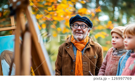 Teacher with students outdoors, children get first experience of painting in autumn park, concept creativity supports children development, educational content concept and back to school idea 126997769