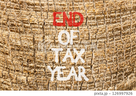 End of tax year symbol. Concept words phrase End of tax year on beautiful palm tree bark. Beautiful palm tree bark background. Business End of tax year concept. Copy space. 126997926