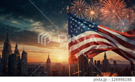 US flag on background of fireworks in yellow orange and red lights. Independence day celebration concept, 4th of july america, sunrise and fireworks. 126998198