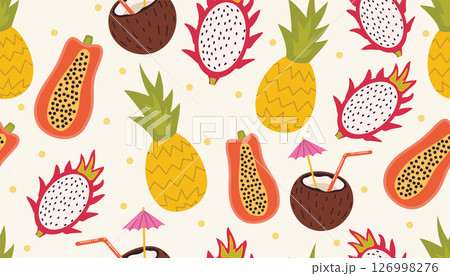 Colorful repeating pattern with cartoon pineapples, papayas, coconuts, and dragon fruits in a tropical summer vibe. Colorful repeating pattern with cartoon pineapples, papayas, coconuts, and dragon fruits in a tropical summer vibe. 126998276