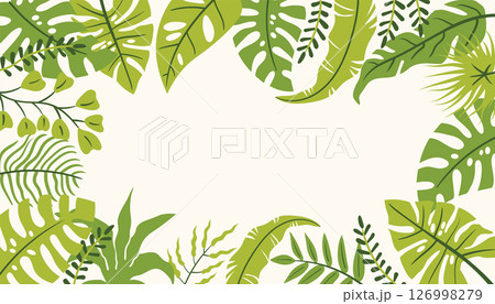 Decorative leaf frame or poster with palm and monstera in bright cartoon flat style. Decorative leaf frame or poster with palm and monstera in bright cartoon flat style. 126998279