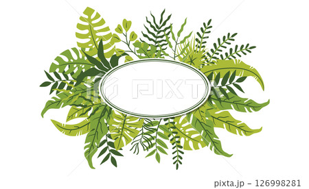 Circular green frame with palm and monstera leaves in flat cartoon style. 126998281