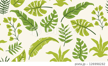 Colorful tropical leaf pattern featuring palm and monstera in a playful flat cartoon look. 126998282