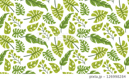 Bright seamless design with palm and monstera leaves scattered in fun arrangement. 126998284