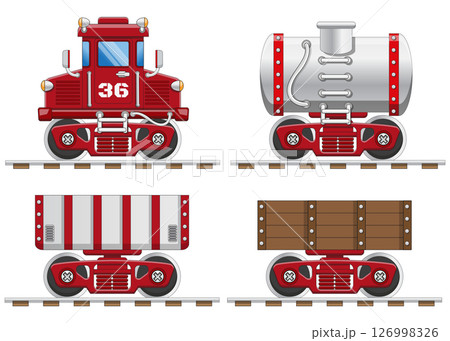 Railway locomotive and wagons. Side view. Isolated on a white background. Vector illustration. 126998326