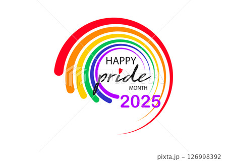 Pride month 2025 round logo with rainbow flag. Banner Pride symbol, LGBT, sexual minorities, gays and lesbians. Background Love is love. Template designer sign, icon colorful rainbow isolated on white 126998392