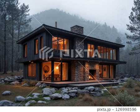 Beautiful rustic-modern cabin with charred wood exterior in mountains 126998596