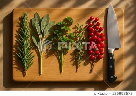 Fresh Herbs and Red Berries on Cutting Board with Chefs Knife Fresh Herbs and Red Berries on Cutting Board with Chefs Knife 126998672