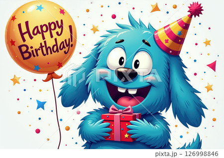 blue dog with gift and balloon. 126998846