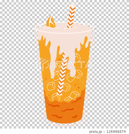 Orange soda with whipped cream, ice cubes and striped straw in clear glass isolated Orange soda with whipped cream, ice cubes and striped straw in clear glass isolated 126998874