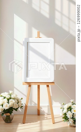 empty portrait frame on easel with funeral wreaths in a quiet indoor memorial setting 126999002