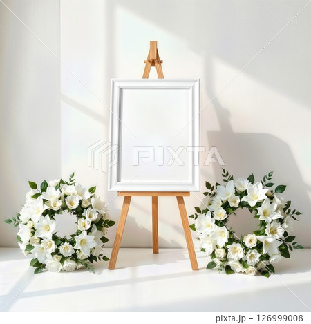 empty portrait frame on easel with funeral wreaths in a quiet indoor memorial setting 126999008