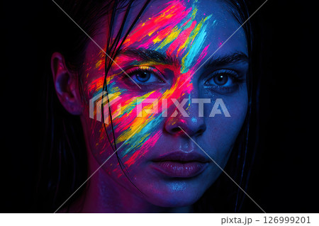 Neon Painted Face of Female Model in UV Light 126999201
