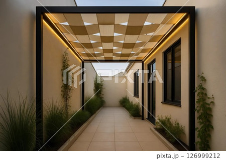 Elegant Pergola with Geometric Shade in a Modern Courtyard 126999212
