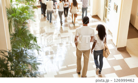 College students walking through bright campus hallway College students walking through bright campus hallway 126999462