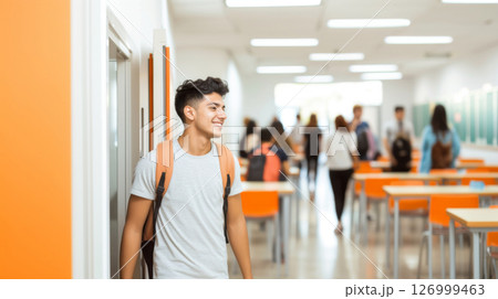 Young latin american man entering classroom, smiling at students, education concept Young latin american man entering classroom, smiling at students, education concept 126999463