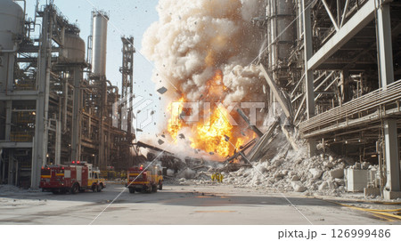 Industrial explosion sending debris into sky, emergency response underway 126999486