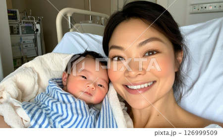 Newborn asian baby sleeping in mothers arms, intimate family moment 126999509