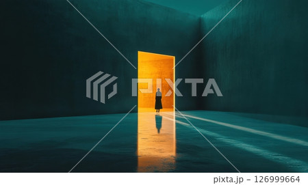 Mysterious silhouette standing before glowing doorway in surreal dark room with reflections 126999664