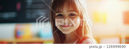 A 10-year-old Hispanic girl stands in a bright classroom, smiling happily as her classmates participate in different activities, banner 126999690
