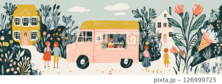 A vibrant ice cream truck is parked on a sunny street, surrounded by playful children who are eagerly choosing their favorite treats and creating joyful moments 126999725