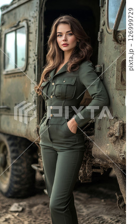 Military woman in full gear with combat vehicle, blending style, grit, and national pride 126999729