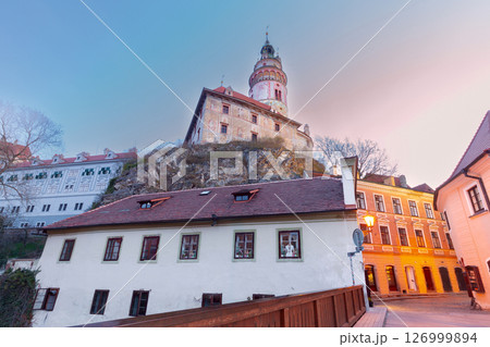 Cesky Krumlov tower view at dawn, Czech Republic 126999894